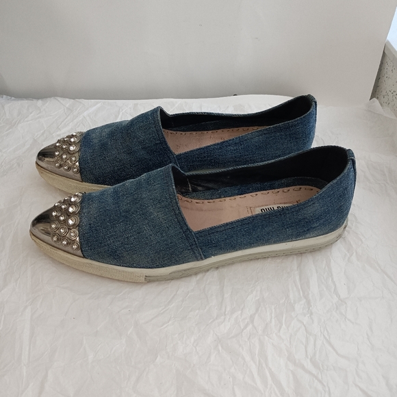 🆕 Miu Miu Denim Crystal Silver Platform Loafers size 10 - Picture 12 of 16